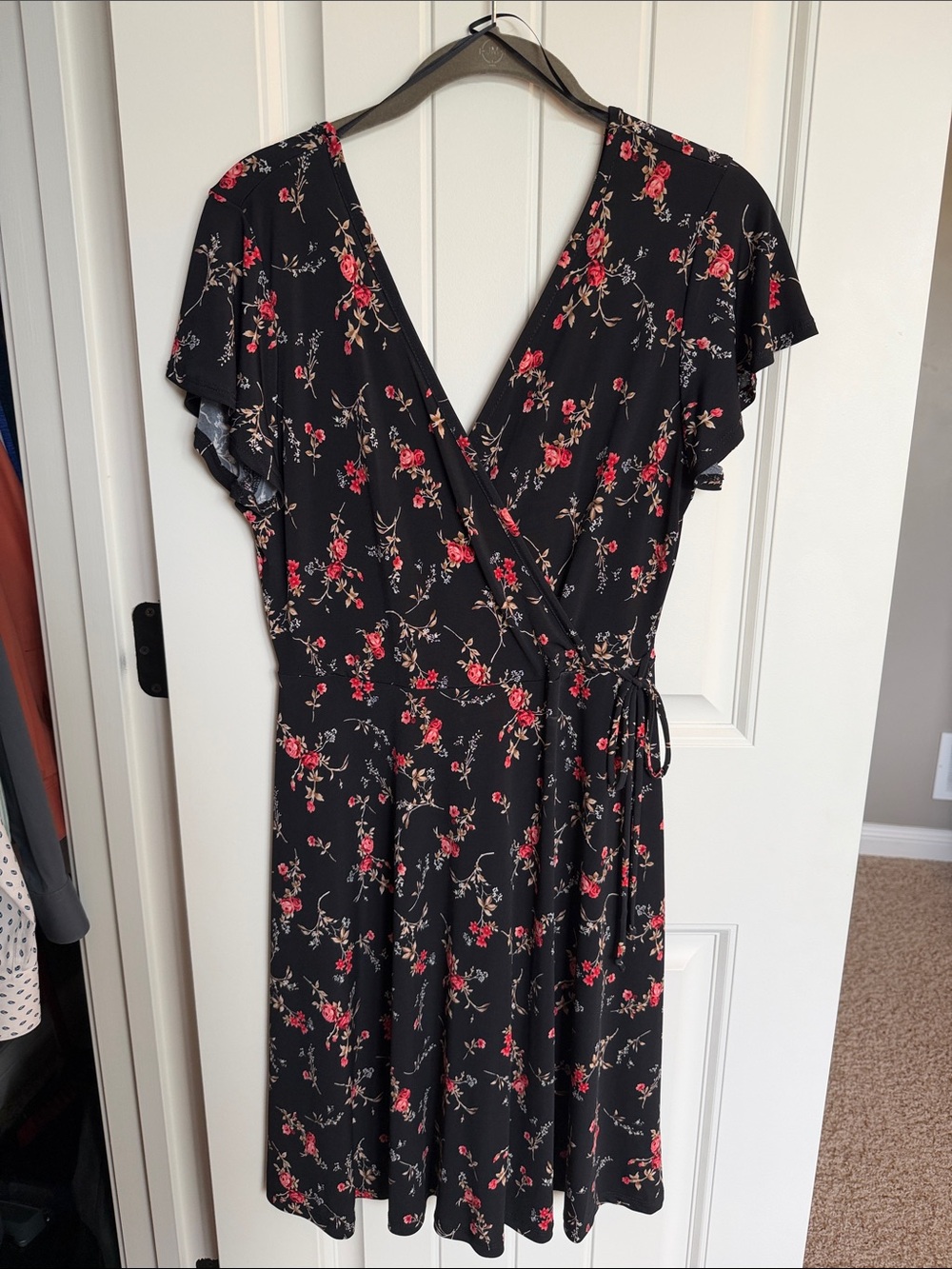 Kaileigh Black Wrap Dress with Red Floral Print